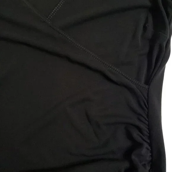 BCBGMaxAzria Black Faux Wrap Midi Dress M 3/4 Sleeve Tie Ruched Minimalist - Picture 6 of 12
